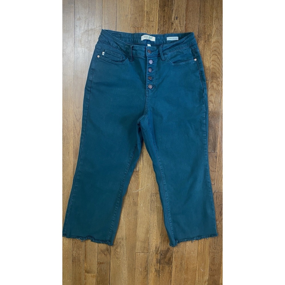 Judy Blue Button Fly Distressed Raw Hem Wide Leg Crop Denim Green Womens Size 14